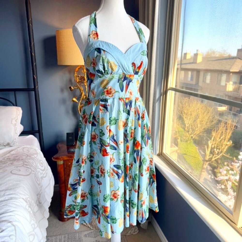 Hell Bunny Vixen Light Blue w Parrots Tropical Pin Up Tiki Halter Dress M